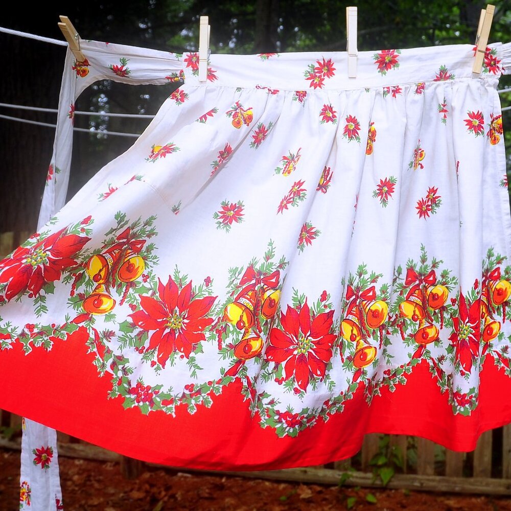 VTG Golden Holiday Bells & Poinsettias Christmas Hostess Apron Decorative Hem